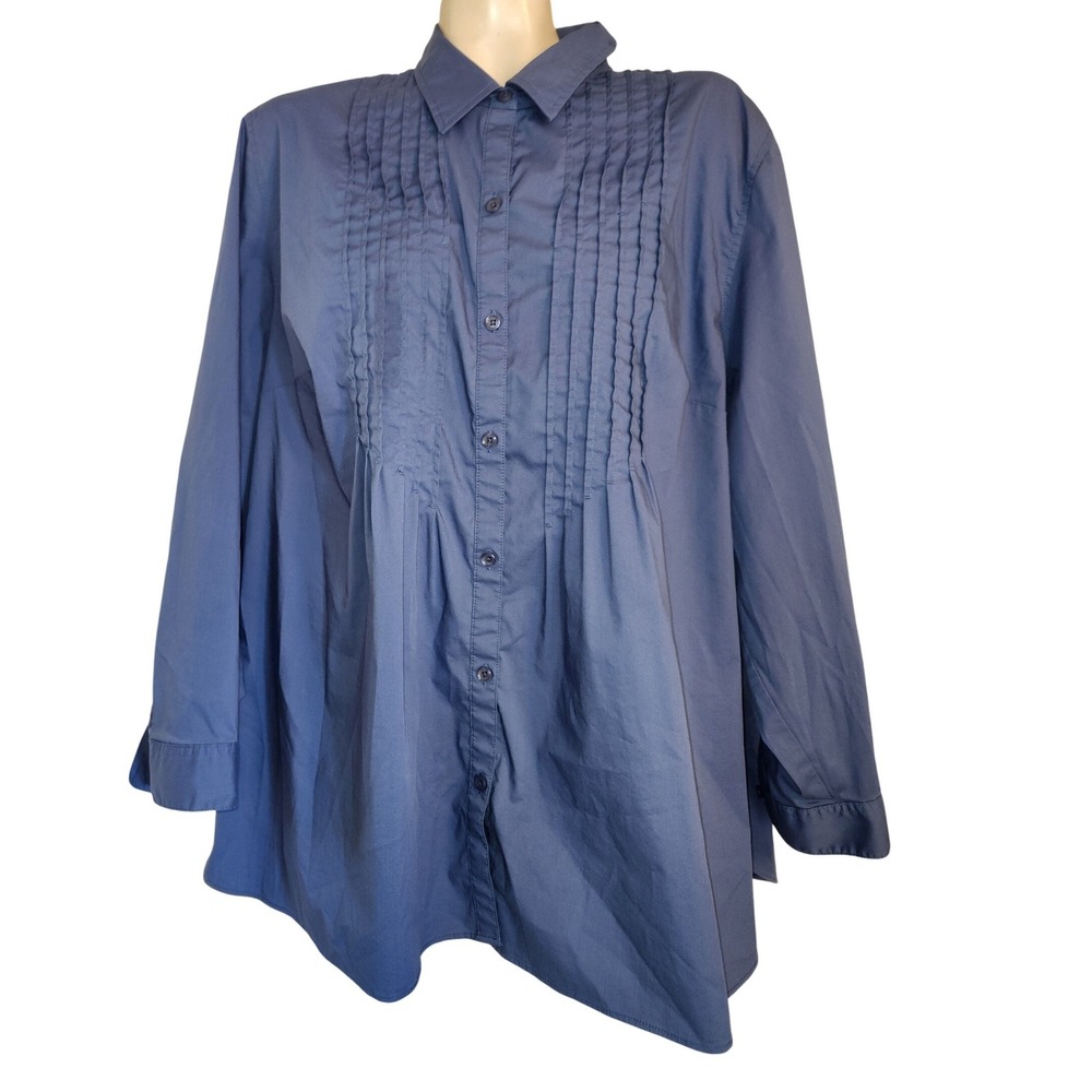 Coldwater Creek Womens 3X Blue Long Sleeve Button Down Stretch Cotton Shirt